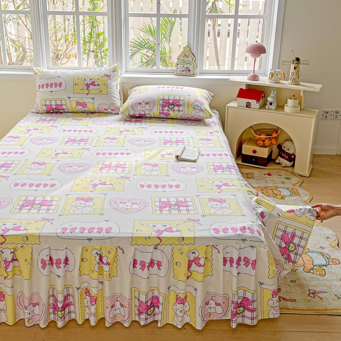 91家纺网 家纺一手货源 找家纺 极梦家纺 2025新款磨毛印花床裙三件套（支持定制） （总链接二） 甜橙气泡