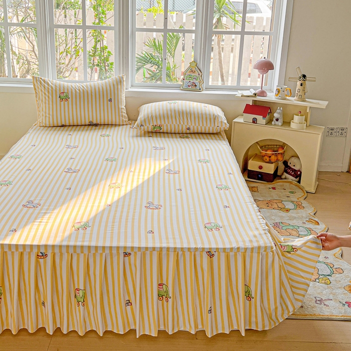 91家纺网 家纺一手货源 找家纺 极梦家纺 2025新款磨毛印花床裙三件套（支持定制） （总链接二） 黄条小象