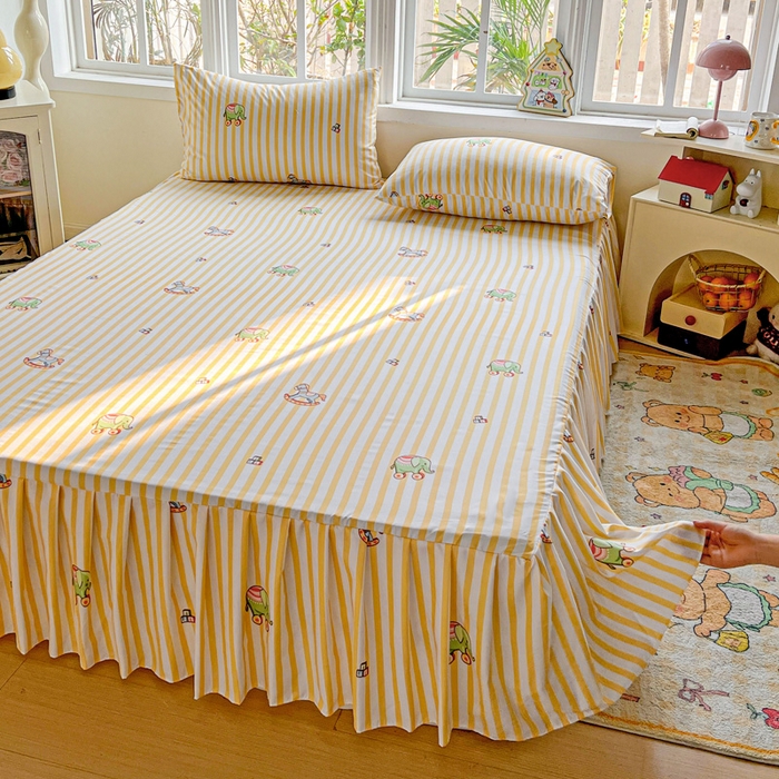 91家纺网 家纺一手货源 找家纺 极梦家纺 2025新款磨毛印花床裙三件套（支持定制） （总链接二） 黄条小象