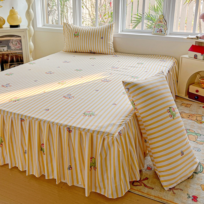 91家纺网 家纺一手货源 找家纺 极梦家纺 2025新款磨毛印花床裙三件套（支持定制） （总链接二） 黄条小象