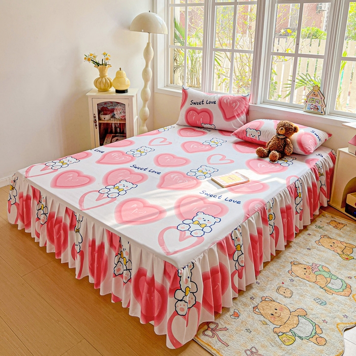 91家纺网 家纺一手货源 找家纺 极梦家纺 2025新款磨毛印花床裙三件套（支持定制） （总链接二） 粉心熊