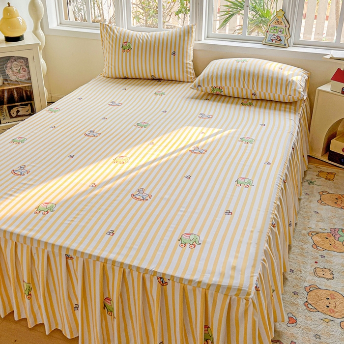 91家纺网 家纺一手货源 找家纺 极梦家纺 2025新款磨毛印花床裙三件套（支持定制） （总链接二） 黄条小象