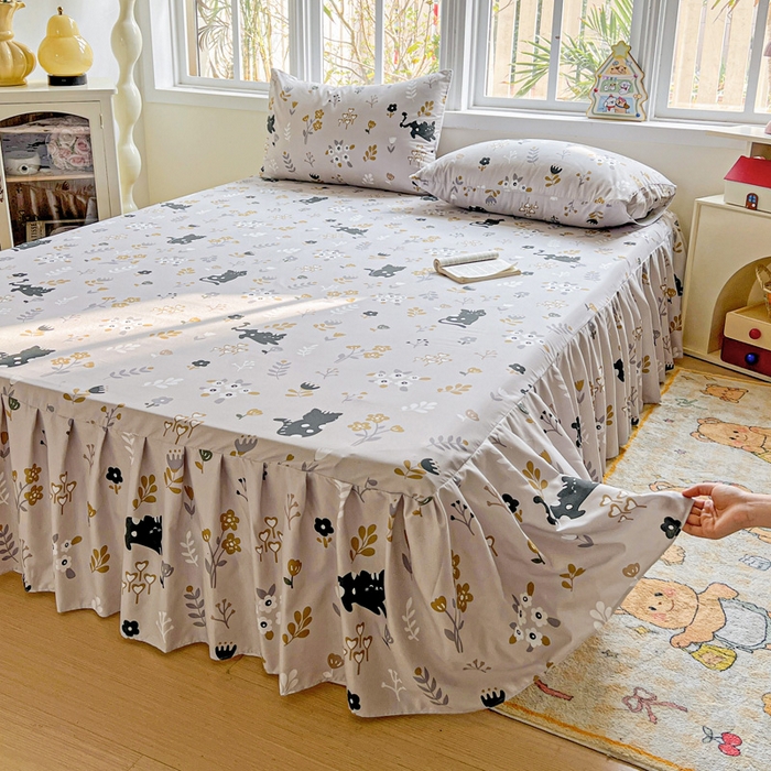 91家纺网 家纺一手货源 找家纺 极梦家纺 2025新款磨毛印花床裙三件套（支持定制） （总链接二） 丛林猫