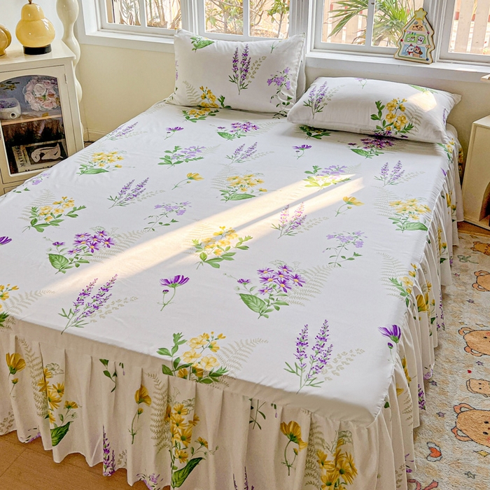 91家纺网 家纺一手货源 找家纺 极梦家纺 2025新款磨毛印花床裙三件套（支持定制） （总链接二） 花季如梦