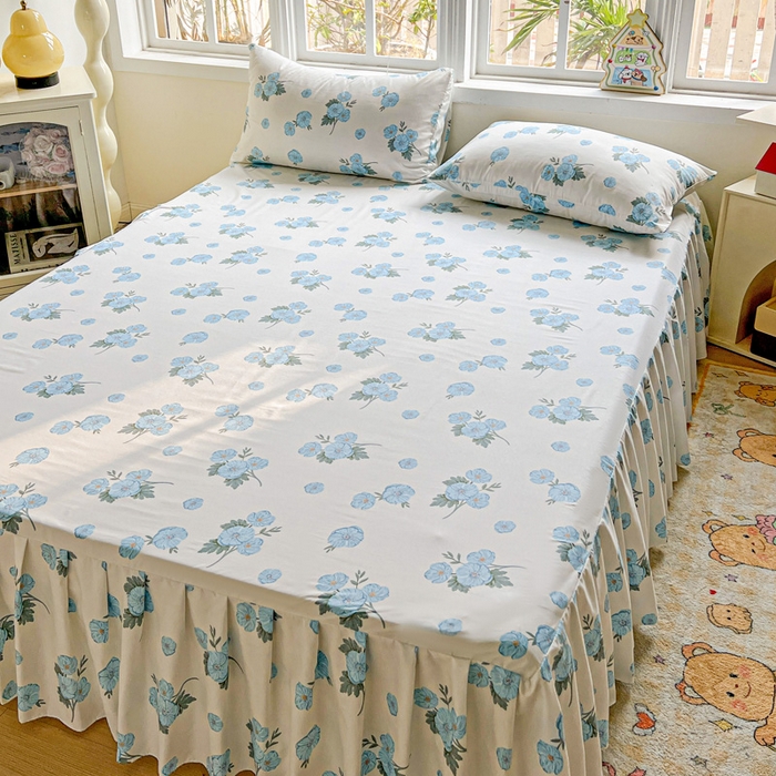 91家纺网 家纺一手货源 找家纺 极梦家纺 2025新款磨毛印花床裙三件套（支持定制） （总链接二） 蓝樱花语