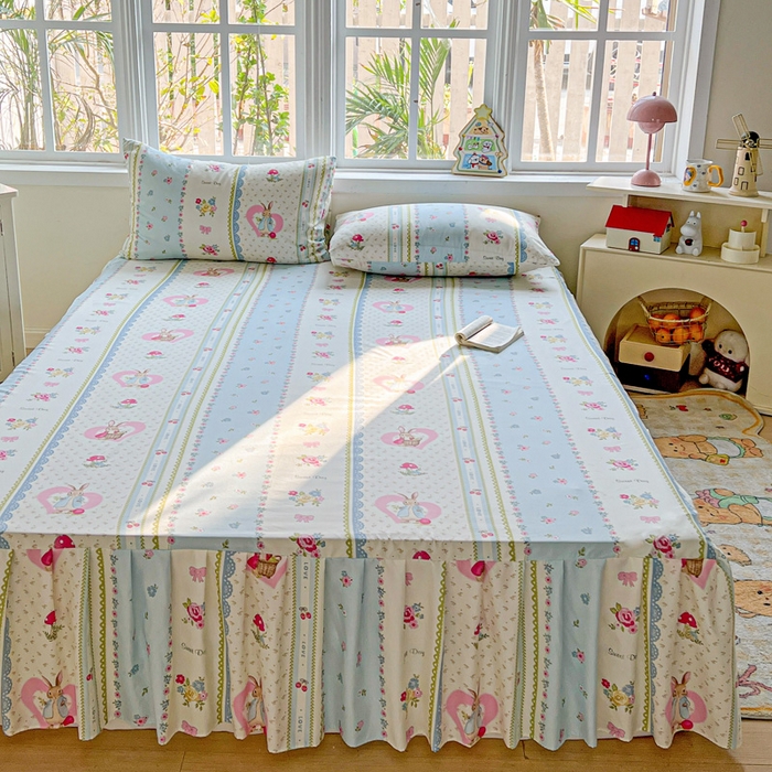 91家纺网 家纺一手货源 找家纺 极梦家纺 2025新款磨毛印花床裙三件套（支持定制） （总链接二） 小兔蘑菇