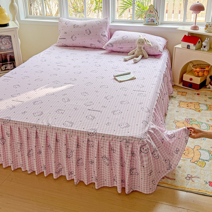 91家纺网 家纺一手货源 找家纺 极梦家纺 2025新款磨毛印花床裙三件套（支持定制） （总链接二） 线条kt猫粉