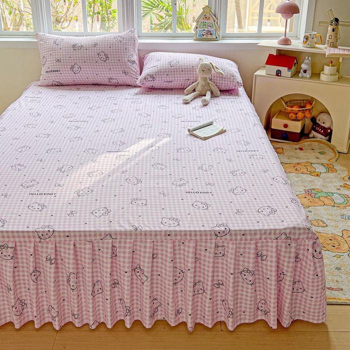 91家纺网 家纺一手货源 找家纺 极梦家纺 2025新款磨毛印花床裙三件套（支持定制） （总链接二） 线条kt猫粉