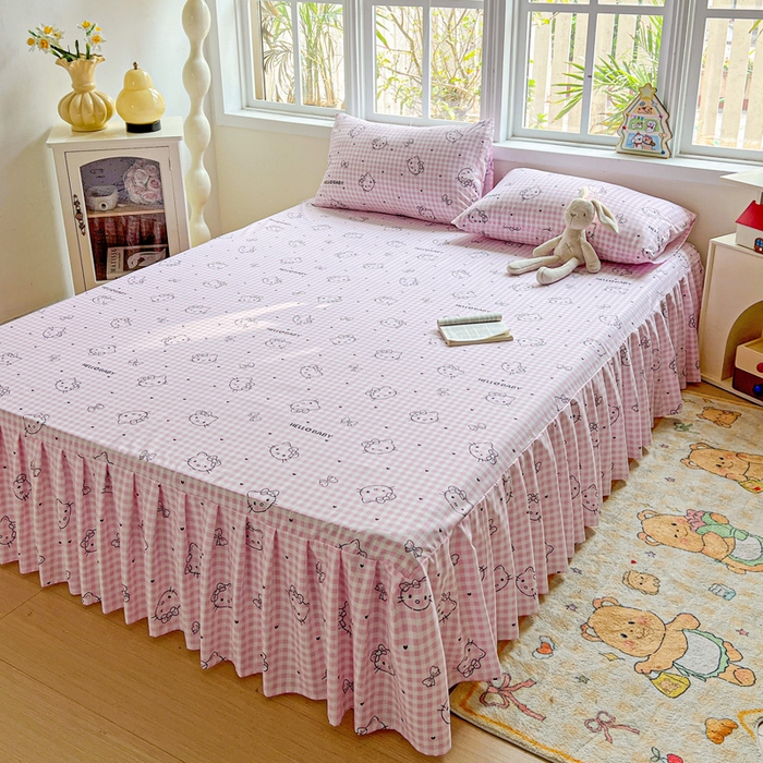 极梦家纺 2025新款磨毛印花床裙三件套（支持定制） （总链接二） 线条kt猫粉