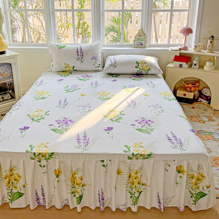 91家纺网 家纺一手货源 找家纺 极梦家纺 2025新款磨毛印花床裙三件套（支持定制） （总链接二） 花季如梦