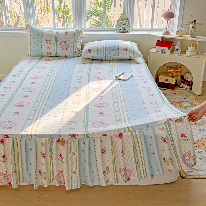 91家纺网 家纺一手货源 找家纺 极梦家纺 2025新款磨毛印花床裙三件套（支持定制） （总链接二） 小兔蘑菇