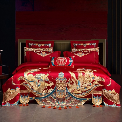 芊囍纺2026新款双面长绒棉高端婚庆提花重工刺绣四件套多件套系列 盛世华章