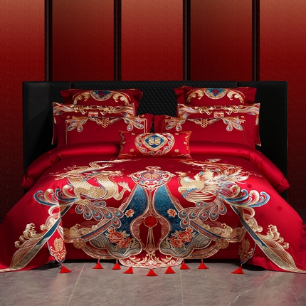 芊囍纺2026新款双面长绒棉高端婚庆提花重工刺绣四件套多件套系列 龙祥凤禧