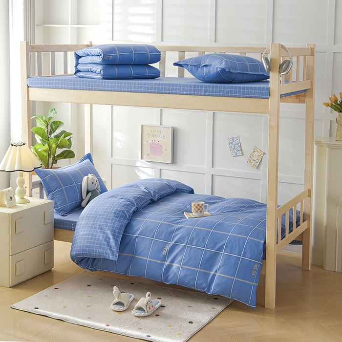 91家纺网 家纺一手货源 找家纺 鑫宇 2025新款全棉13372学生宿舍印花三件套上下铺六件套 新都时尚-蓝