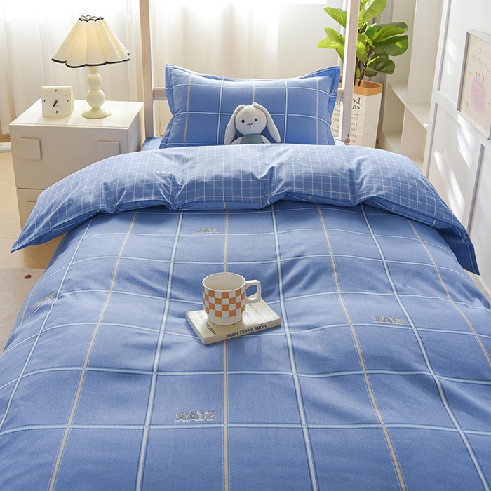 91家纺网 家纺一手货源 找家纺 鑫宇 2025新款全棉13372学生宿舍印花三件套上下铺六件套 新都时尚-蓝