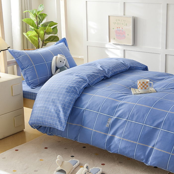 91家纺网 家纺一手货源 找家纺 鑫宇 2025新款全棉13372学生宿舍印花三件套上下铺六件套 新都时尚-蓝