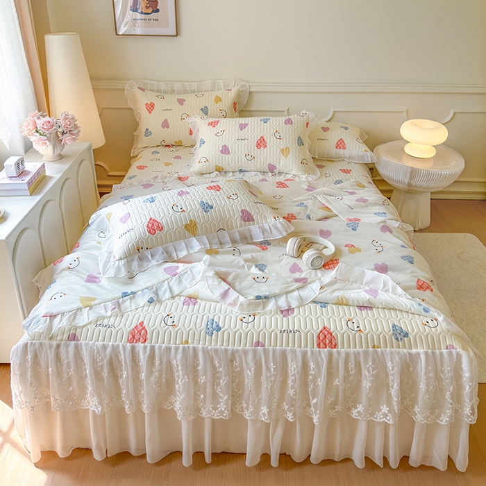 网红馆（ck家纺） 2025春夏新款印花凉感丝乳胶床裙凉席空调席夏被空调被 爱心笑脸 粉