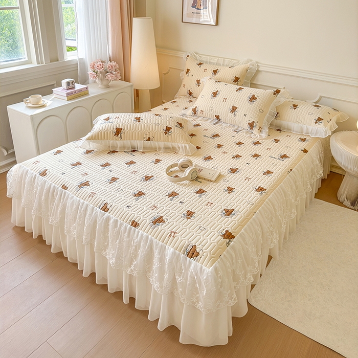 91家纺网 家纺一手货源 找家纺 网红馆（ck家纺） 2025春夏新款印花凉感丝乳胶床裙凉席空调席夏被空调被 嘟嘟熊 茶