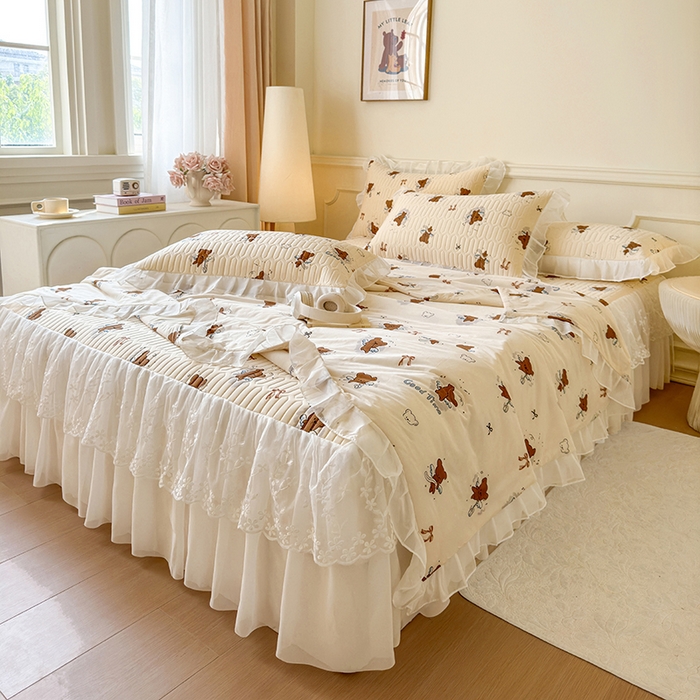 91家纺网 家纺一手货源 找家纺 网红馆（ck家纺） 2025春夏新款印花凉感丝乳胶床裙凉席空调席夏被空调被 嘟嘟熊 茶