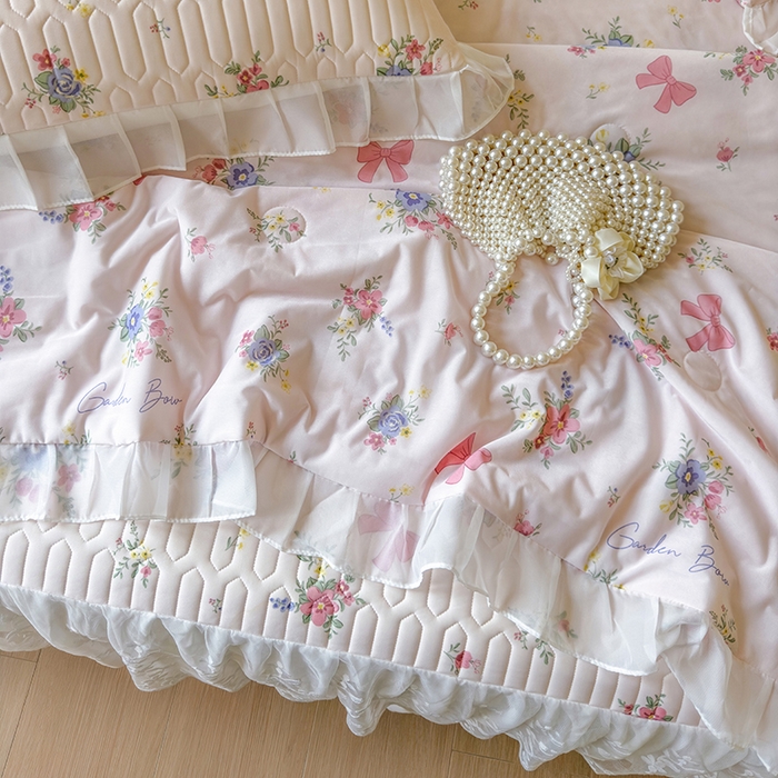 91家纺网 家纺一手货源 找家纺 网红馆（ck家纺） 2025春夏新款印花凉感丝乳胶床裙凉席空调席夏被空调被 蝴蝶花语 粉