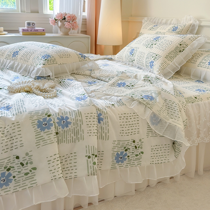 91家纺网 家纺一手货源 找家纺 网红馆（ck家纺） 2025春夏新款印花凉感丝乳胶床裙凉席空调席夏被空调被 卉雅 兰