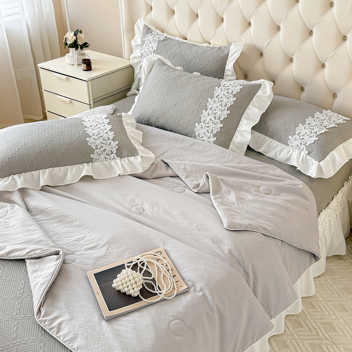 91家纺网 家纺一手货源 找家纺  2025新款PE凉豆豆安娜系列凉席夏被三件套 安娜-灰色