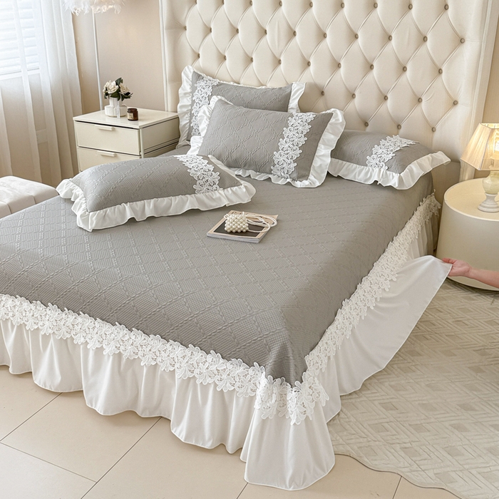 91家纺网 家纺一手货源 找家纺  2025新款PE凉豆豆安娜系列凉席夏被三件套 安娜-灰色