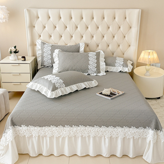 91家纺网 家纺一手货源 找家纺  2025新款PE凉豆豆安娜系列凉席夏被三件套 安娜-灰色