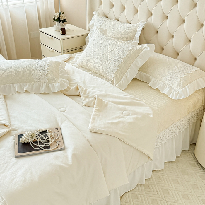 91家纺网 家纺一手货源 找家纺  2025新款PE凉豆豆安娜系列凉席夏被三件套 安娜-米白