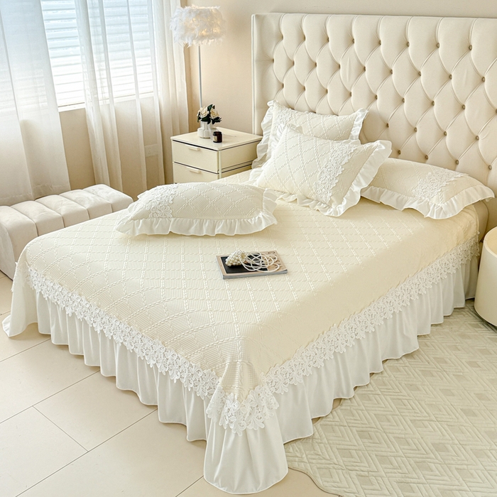 91家纺网 家纺一手货源 找家纺  2025新款PE凉豆豆安娜系列凉席夏被三件套 安娜-米白