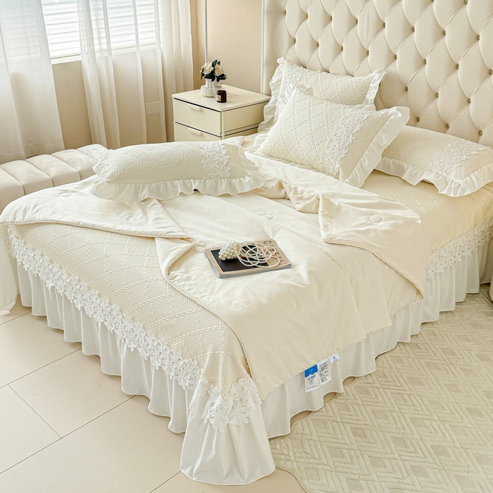 91家纺网 家纺一手货源 找家纺  2025新款PE凉豆豆安娜系列凉席夏被三件套 安娜-米白