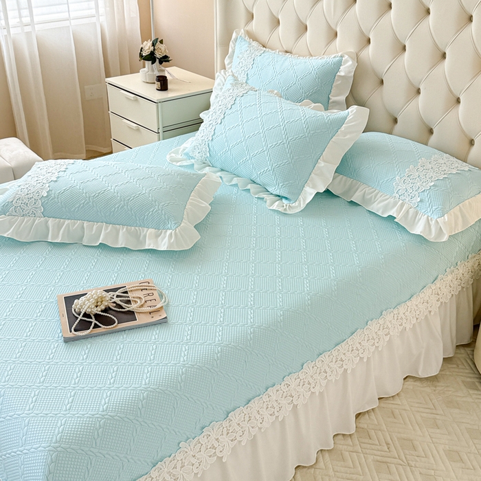 91家纺网 家纺一手货源 找家纺  2025新款PE凉豆豆安娜系列凉席夏被三件套 安娜-浅蓝