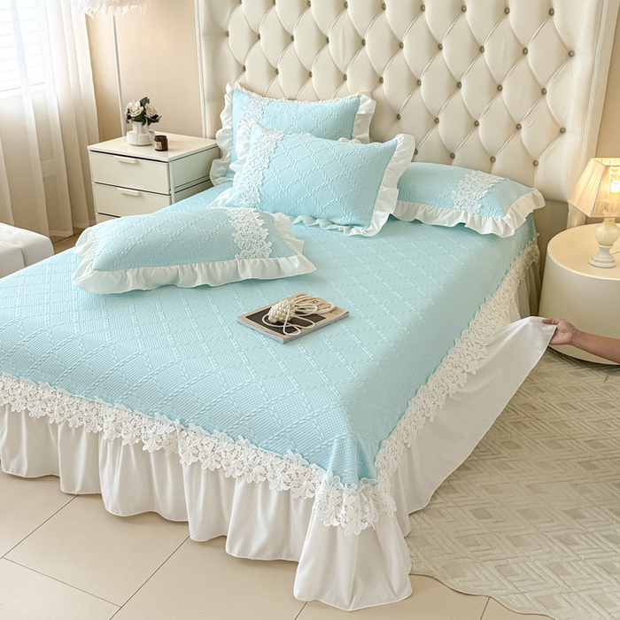 91家纺网 家纺一手货源 找家纺  2025新款PE凉豆豆安娜系列凉席夏被三件套 安娜-浅蓝