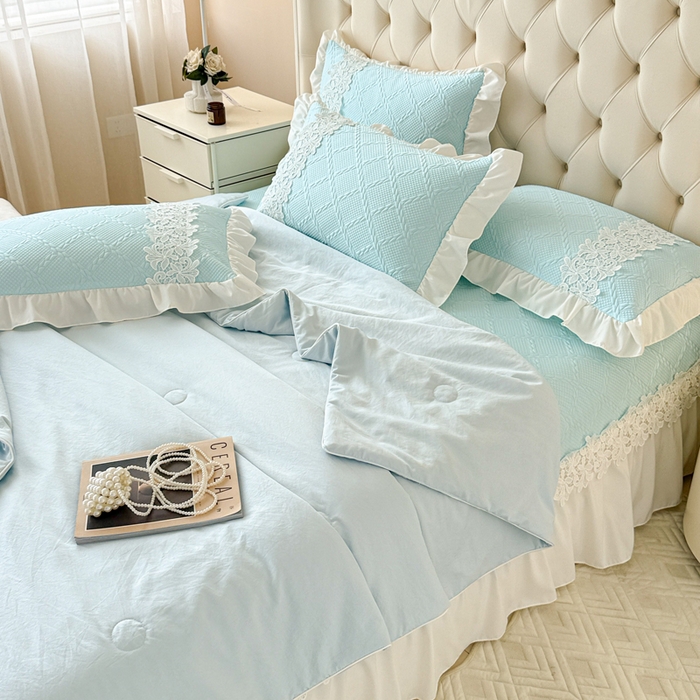 91家纺网 家纺一手货源 找家纺  2025新款PE凉豆豆安娜系列凉席夏被三件套 安娜-浅蓝