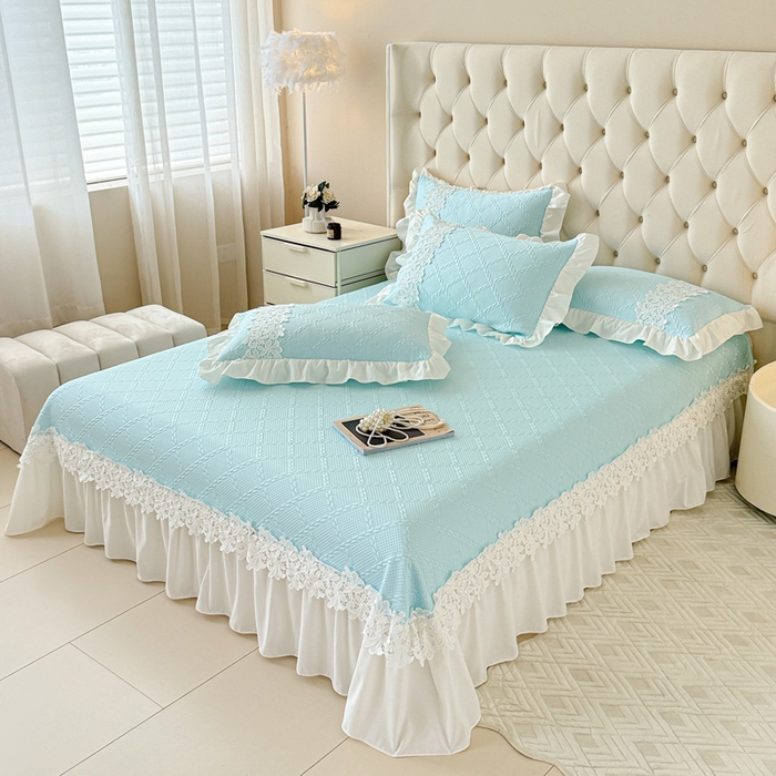 91家纺网 家纺一手货源 找家纺  2025新款PE凉豆豆安娜系列凉席夏被三件套 安娜-浅蓝