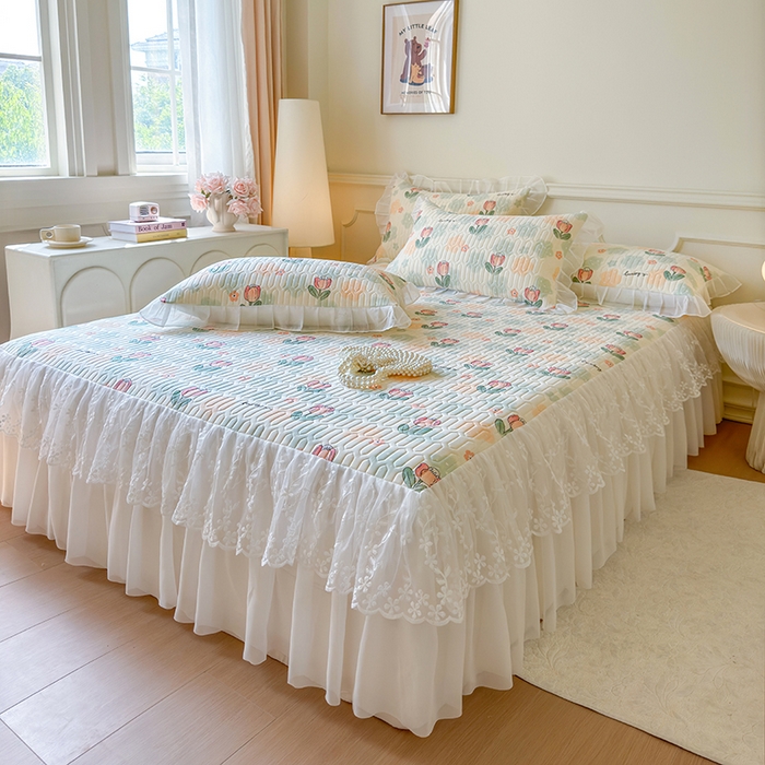 91家纺网 家纺一手货源 找家纺 网红馆（ck家纺） 2025春夏新款印花凉感丝乳胶床裙凉席空调席夏被空调被 夏花 绿