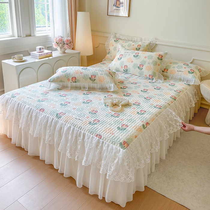 91家纺网 家纺一手货源 找家纺 网红馆（ck家纺） 2025春夏新款印花凉感丝乳胶床裙凉席空调席夏被空调被 夏花 绿