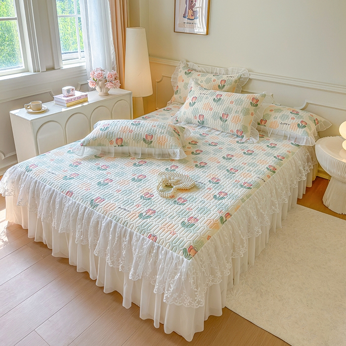 91家纺网 家纺一手货源 找家纺 网红馆（ck家纺） 2025春夏新款印花凉感丝乳胶床裙凉席空调席夏被空调被 夏花 绿