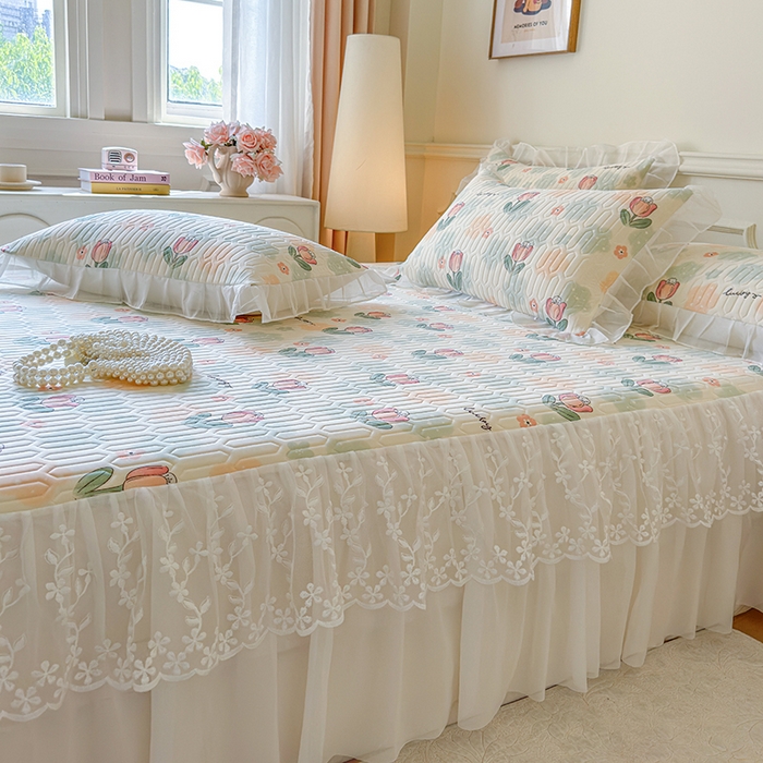 91家纺网 家纺一手货源 找家纺 网红馆（ck家纺） 2025春夏新款印花凉感丝乳胶床裙凉席空调席夏被空调被 夏花 绿