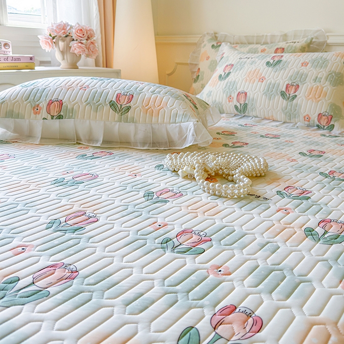 91家纺网 家纺一手货源 找家纺 网红馆（ck家纺） 2025春夏新款印花凉感丝乳胶床裙凉席空调席夏被空调被 夏花 绿