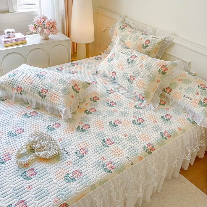 91家纺网 家纺一手货源 找家纺 网红馆（ck家纺） 2025春夏新款印花凉感丝乳胶床裙凉席空调席夏被空调被 夏花 绿