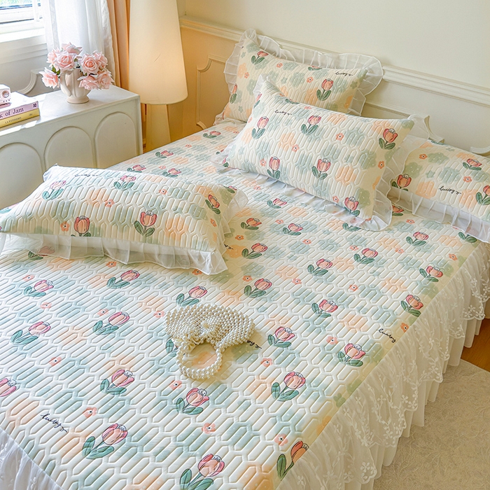 91家纺网 家纺一手货源 找家纺 网红馆（ck家纺） 2025春夏新款印花凉感丝乳胶床裙凉席空调席夏被空调被 夏花 绿