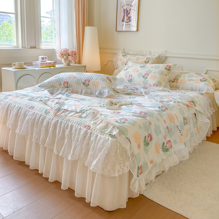 91家纺网 家纺一手货源 找家纺 网红馆（ck家纺） 2025春夏新款印花凉感丝乳胶床裙凉席空调席夏被空调被 夏花 绿