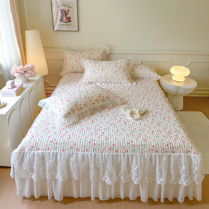 网红馆（ck家纺） 2025春夏新款印花凉感丝乳胶床裙凉席空调席夏被空调被 郁兔 粉