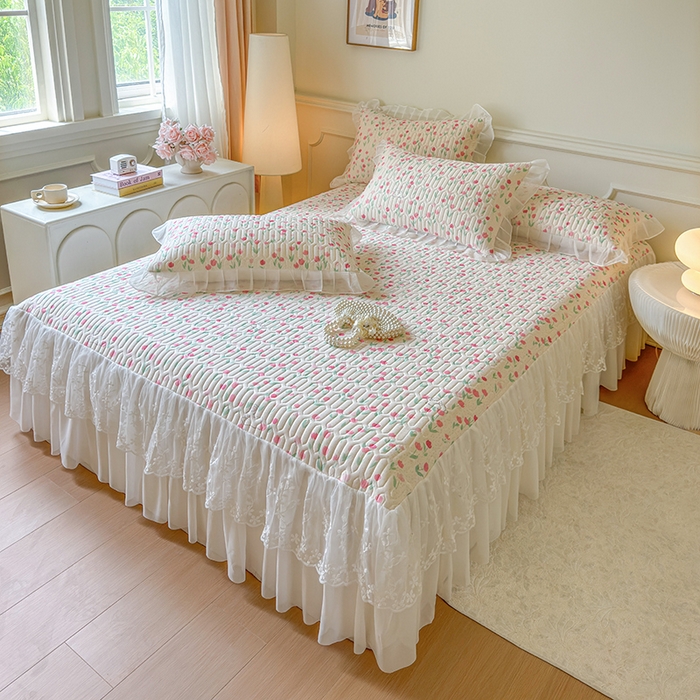 91家纺网 家纺一手货源 找家纺 网红馆（ck家纺） 2025春夏新款印花凉感丝乳胶床裙凉席空调席夏被空调被 郁兔 粉