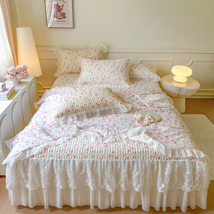 91家纺网 家纺一手货源 找家纺 网红馆（ck家纺） 2025春夏新款印花凉感丝乳胶床裙凉席空调席夏被空调被 郁兔 粉