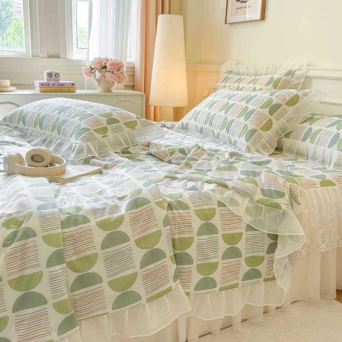 91家纺网 家纺一手货源 找家纺 网红馆（ck家纺） 2025春夏新款印花凉感丝乳胶床裙凉席空调席夏被空调被 圆梦 绿