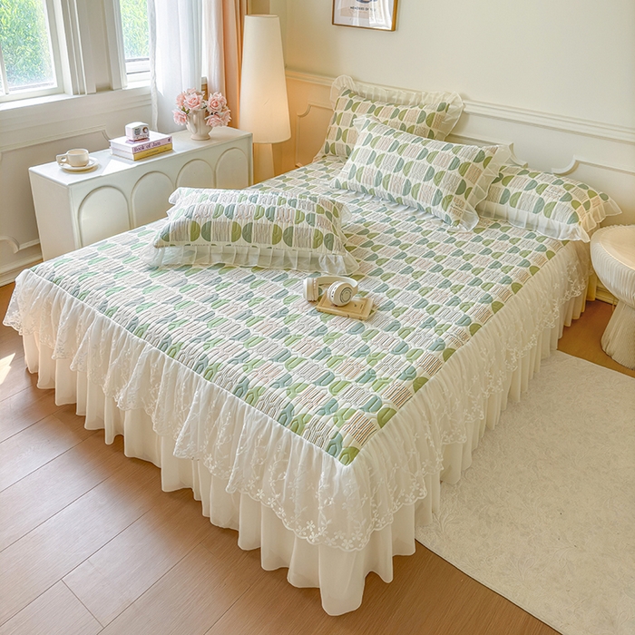 91家纺网 家纺一手货源 找家纺 网红馆（ck家纺） 2025春夏新款印花凉感丝乳胶床裙凉席空调席夏被空调被 圆梦 绿