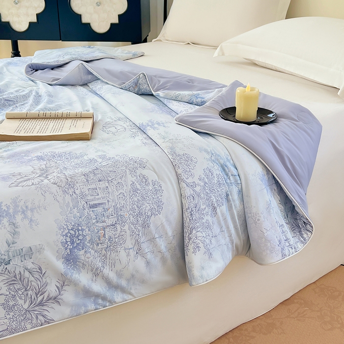 91家纺网 家纺一手货源 找家纺 2025年新款A类数码印花夏凉被 凉感丝锦氨夏被冰淇淋夏被空调被西瓜被双面凉感单夏被 花繁庭