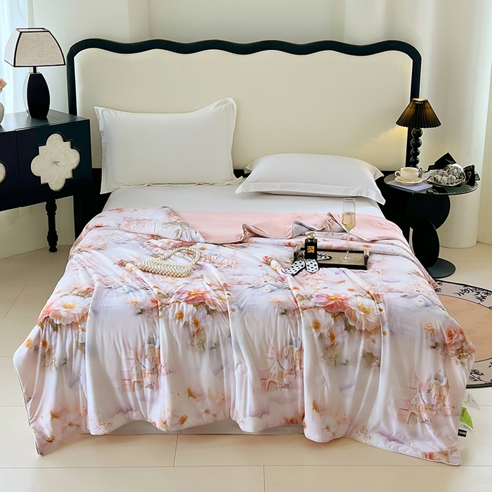 2025年新款A类数码印花夏凉被 凉感丝锦氨夏被冰淇淋夏被空调被西瓜被双面凉感单夏被 莎莉-粉玉